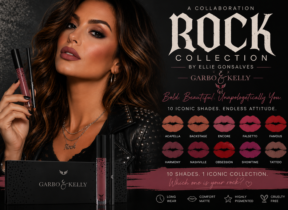 Ellie Gonsalves and Garbo and Kelly lip colour from the Rock Collection featuring 10 colour shades.