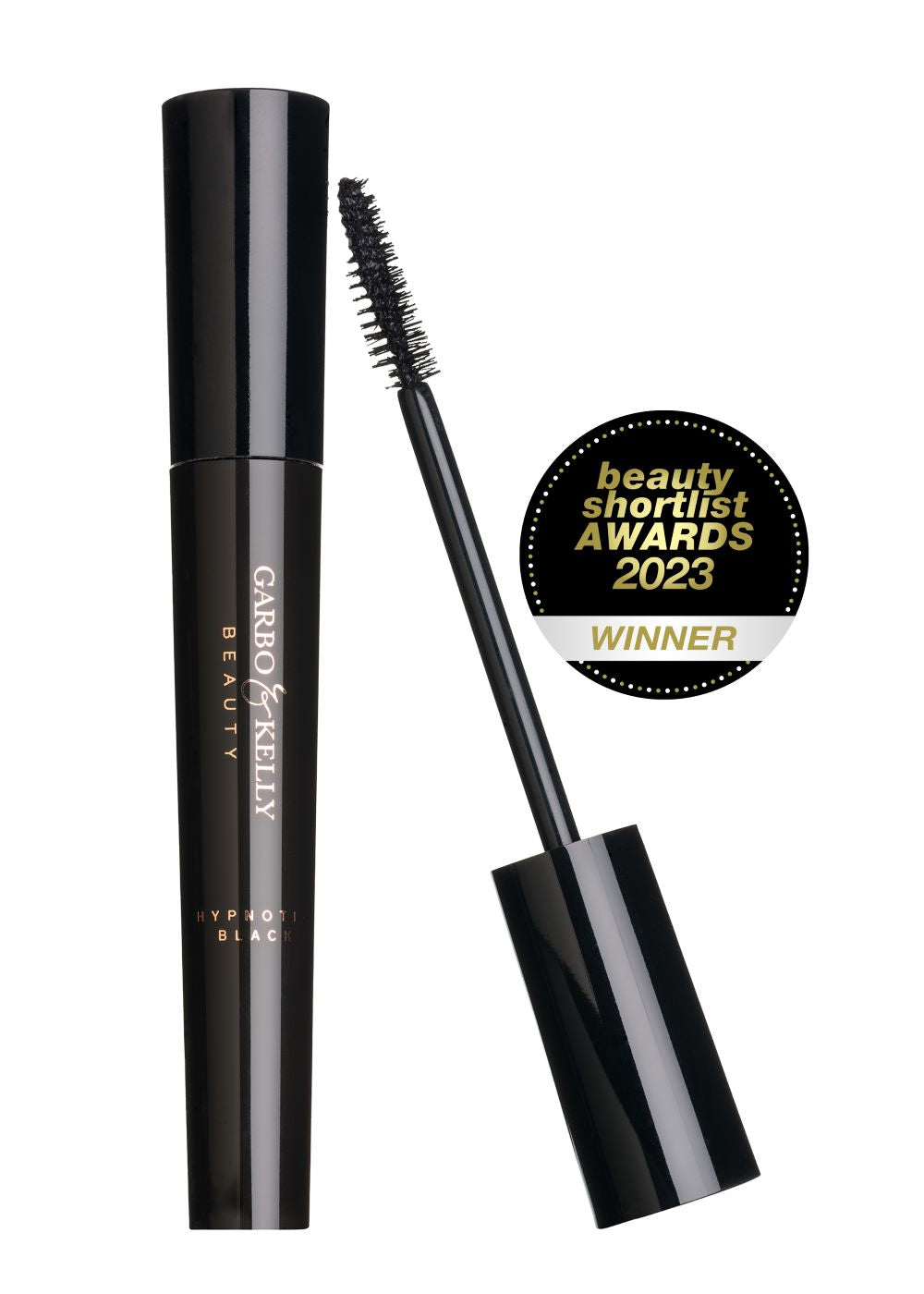 Garbo and Kelly Bombshell Lust Power Vegan Water-Resistant Mascara wand showing lengthening and volumizing black mascara on lashes