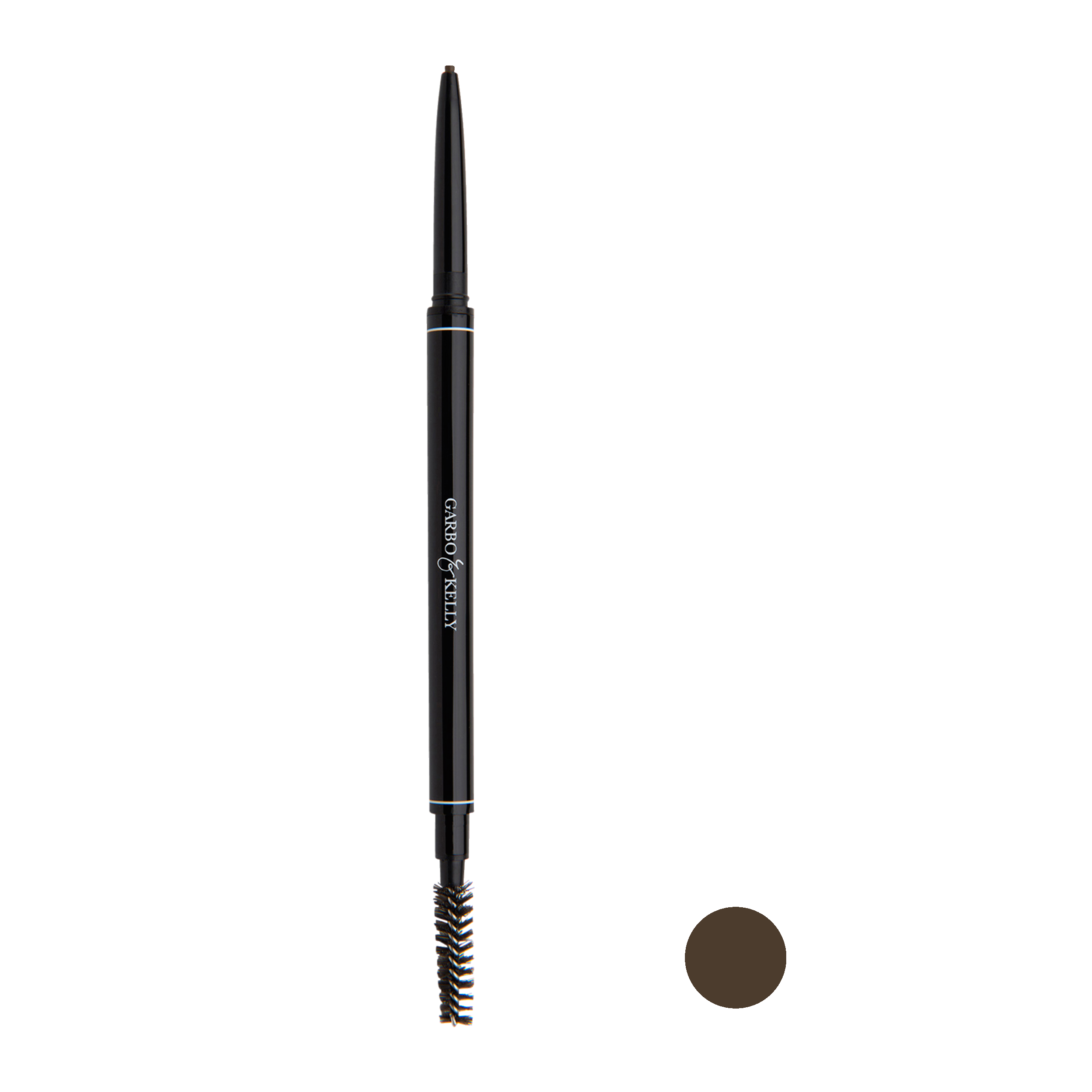 Garbo and Kelly Brow Perfection Pencil with a close-up of the sleek brow pencil tip and packaging.