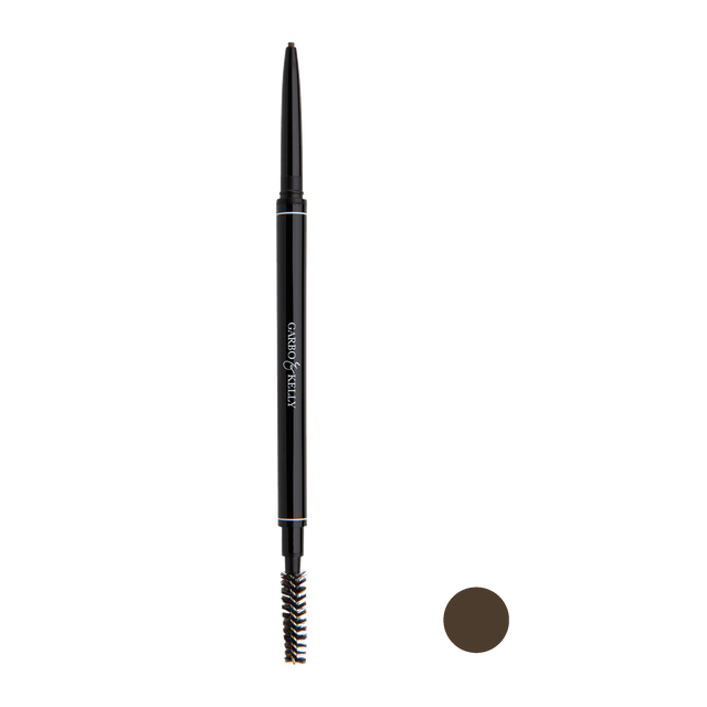 Garbo and Kelly Brow Perfection Pencil with a close-up of the sleek brow pencil tip and packaging.