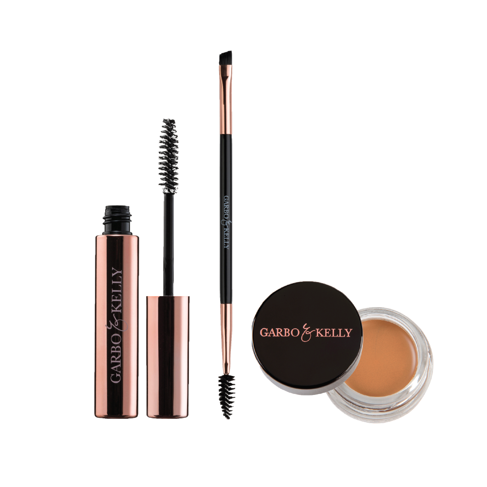 Garbo and Kelly Brow Lover Set with eyebrow gel, pomade, and brush for shaping and defining eyebrows.