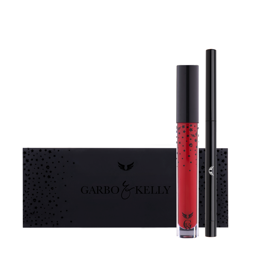 Garbo and Kelly Rock Matte Lip Kit with lip definer, featuring matte finish lipstick and matching lip liner for a bold look.