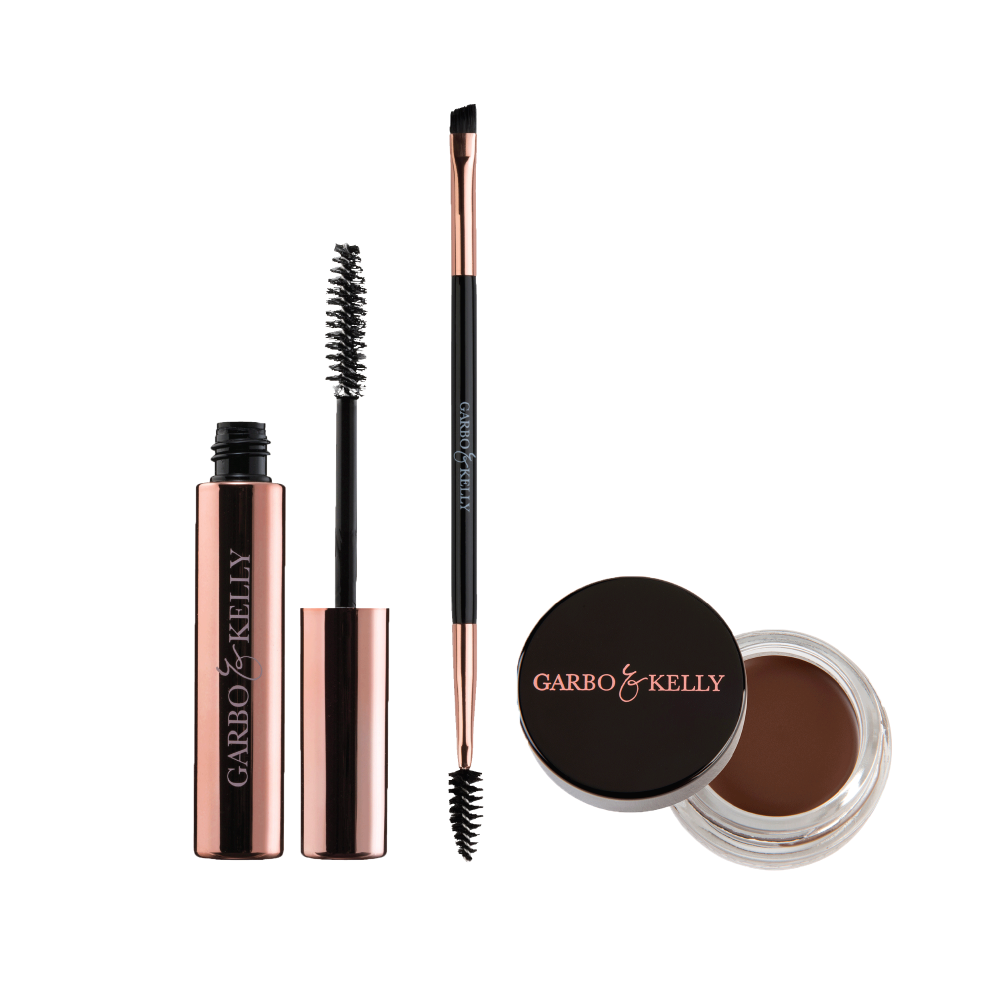 Garbo and Kelly Brow Lover Set featuring eyebrow gel, brush, and pomade for shaping and defining eyebrows.