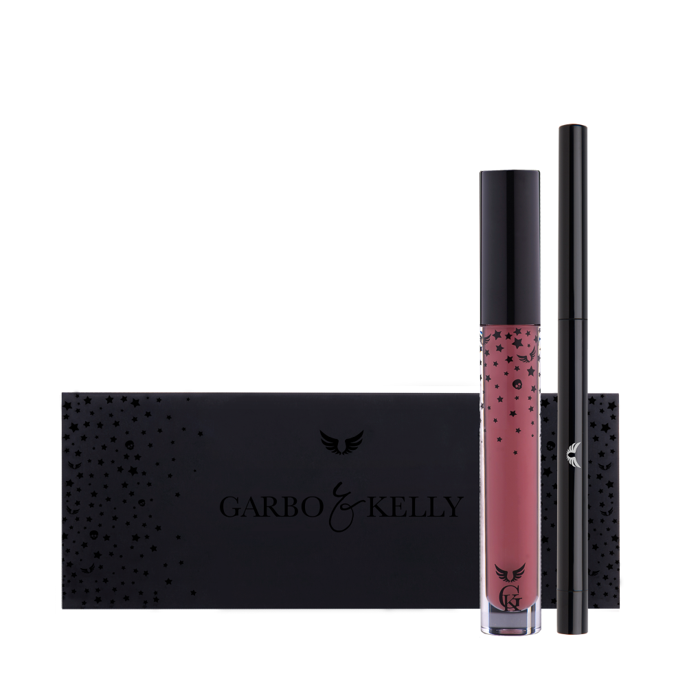 Garbo and Kelly Rock Matte Lip Kit including lip definer and matte lip products, displayed on a neutral background.