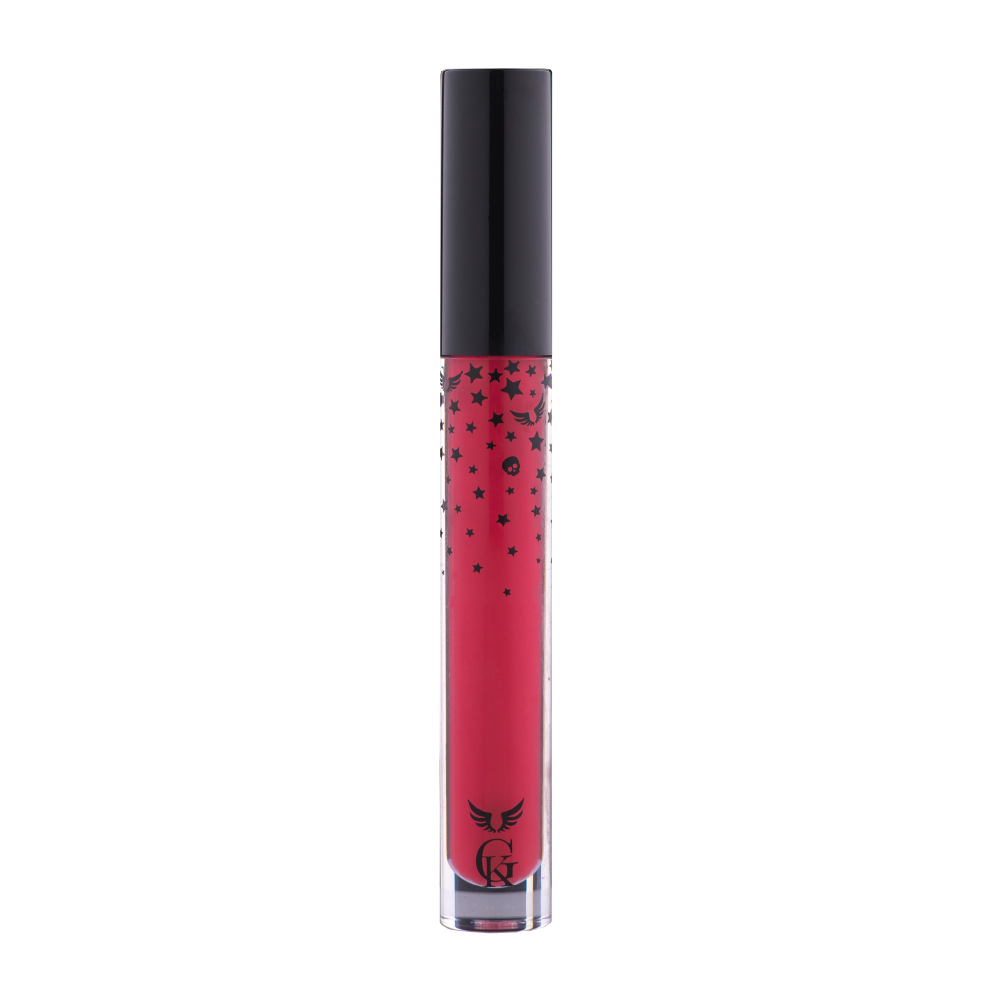 Garbo and Kelly Rock Liquid Matte Lipstick tube with black cap and vibrant liquid lipstick inside, showcasing the product packaging