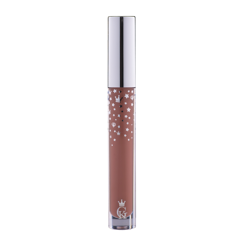 Garbo and Kelly Royalty Gloss liquid lipstick in a sleek tube, featuring shiny, glossy finish and vibrant color.