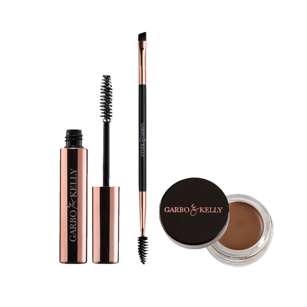Garbo and Kelly Brow Lover Set with eyebrow gel, brush, and pomade for shaping and styling eyebrows.