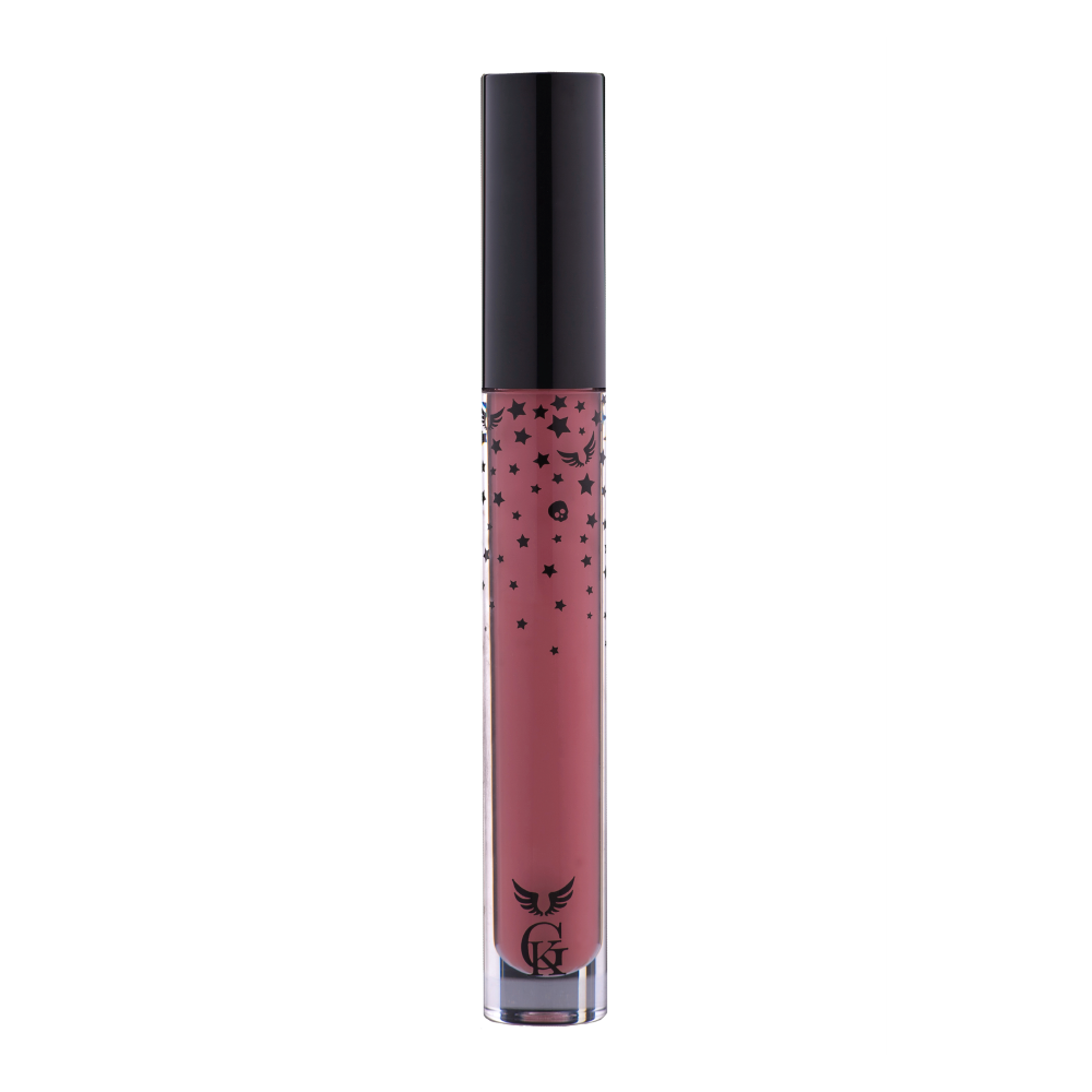 Garbo and Kelly Rock Liquid Matte Lipstick in deep red with a smooth, matte finish and sleek black packaging.