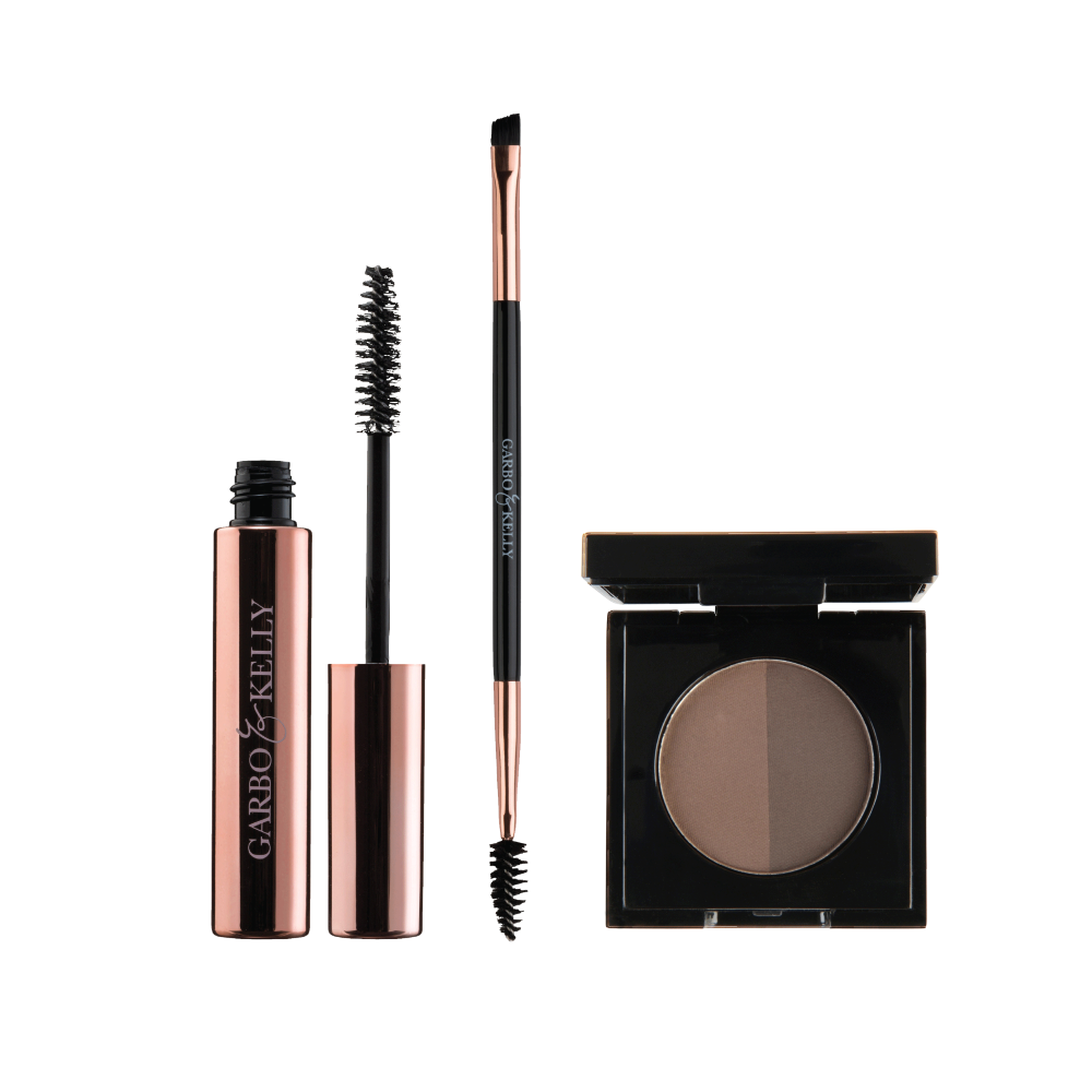 Garbo and Kelly Brow Magic Set with brow powders, brushes, and tools for shaping and defining eyebrows.