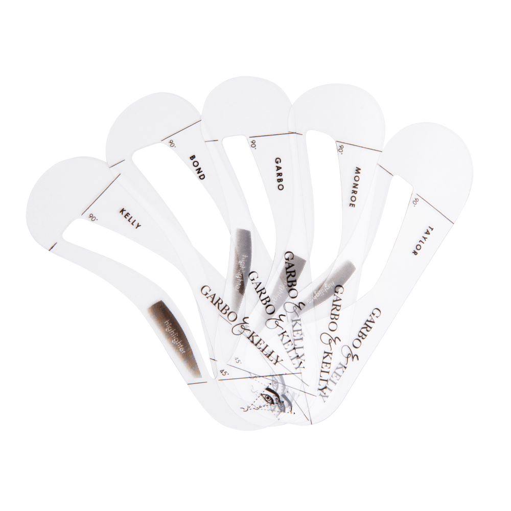 Garbo and Kelly brow guides tool set with adjustable templates for shaping and defining eyebrows.