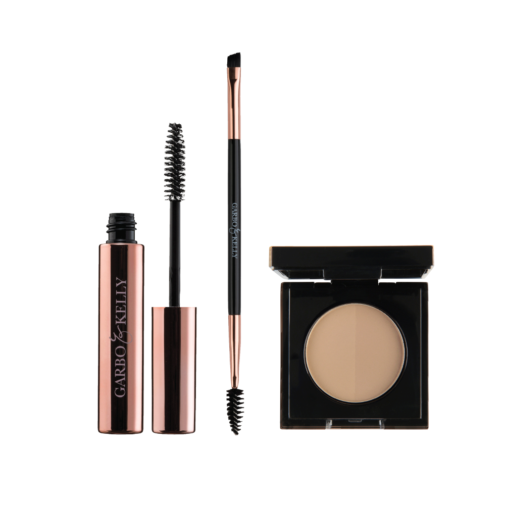 Garbo and Kelly Brow Magic Set with brow gels, powders, and tools for flawless, natural-looking eyebrows.