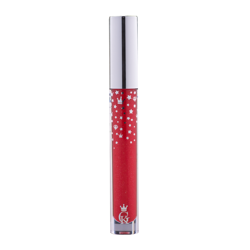 Garbo and Kelly Royalty Gloss liquid lipstick with a shiny, glossy finish in a sleek tube, showcasing vibrant lip color.