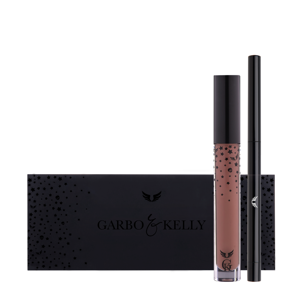 Garbo and Kelly Rock Matte Lip Kit including lip definer and matte lipstick in sleek packaging.