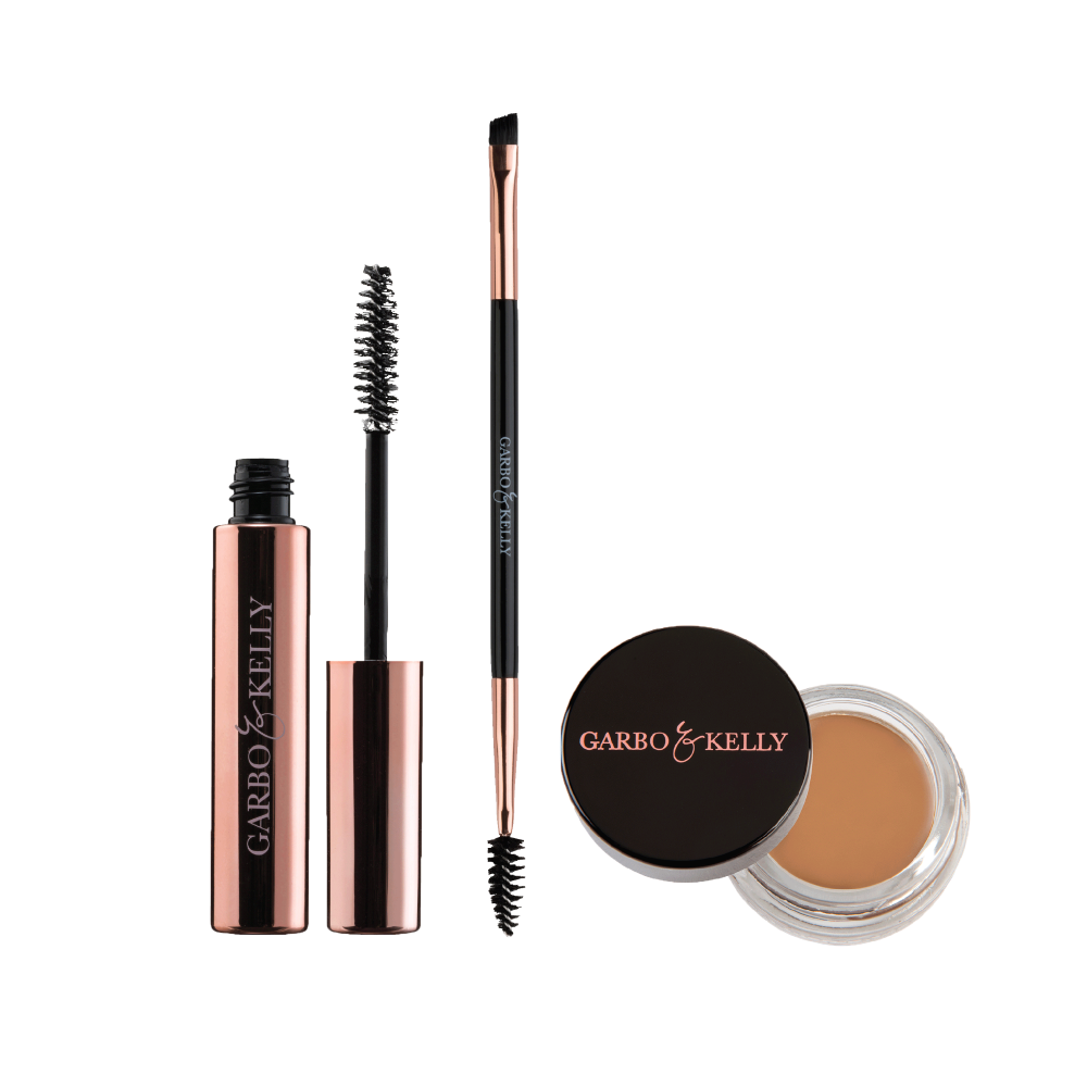 Garbo and Kelly Brow Lover Set with eyebrow gel, brush, and pomade for shaping and defining eyebrows.