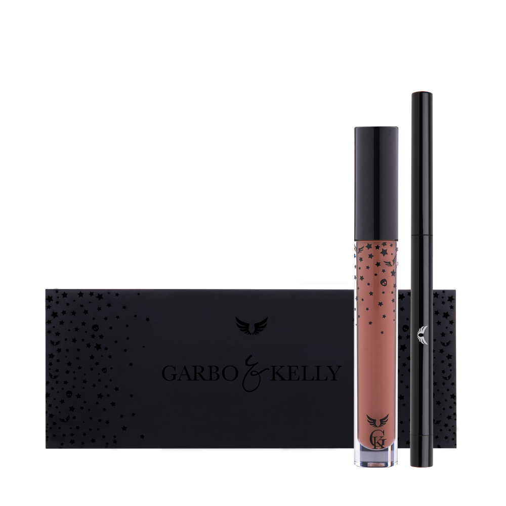 Garbo and Kelly Rock Matte Lip Kit including lip definer and matte lip color in sleek packaging.