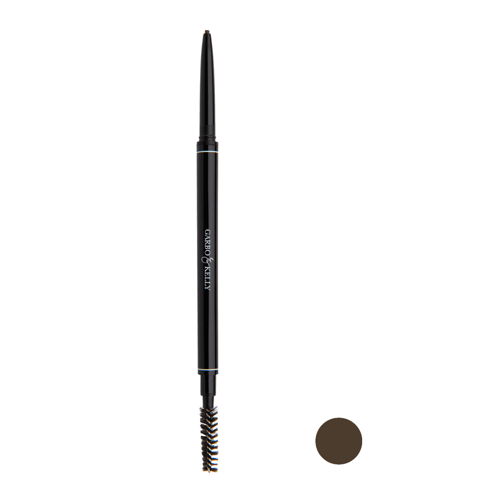 Garbo and Kelly Brow Perfection Pencil showing a close-up of the brow pencil tip and a well-defined, natural-looking brow.