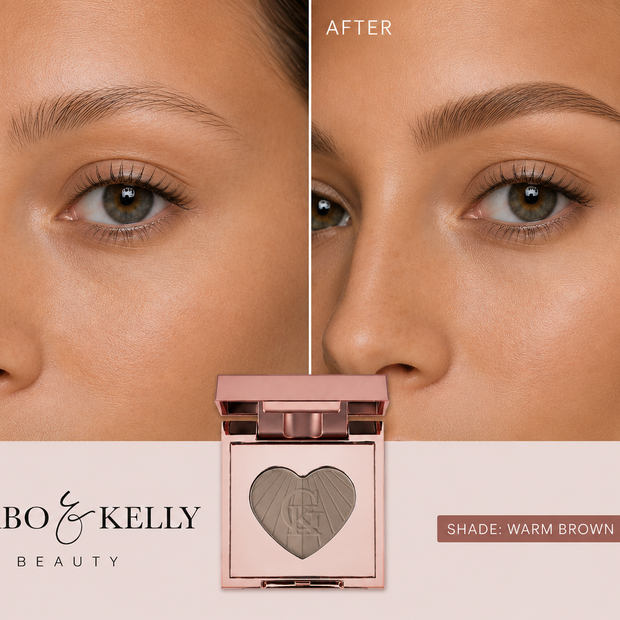 Garbo & Kelly talc-free dual brow powder with shades for natural eyebrow filling and shaping, featuring a compact container.