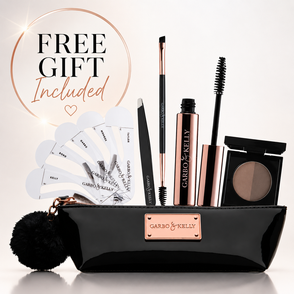 Garbo & Kelly Brow Couture Set with brow powders, brushes, and tweezers for professional eyebrow grooming and shaping.