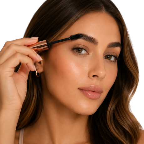 Garbo & Kelly Brow Gel in a clear tube with a wand applicator, showcasing natural-looking, groomed eyebrows.