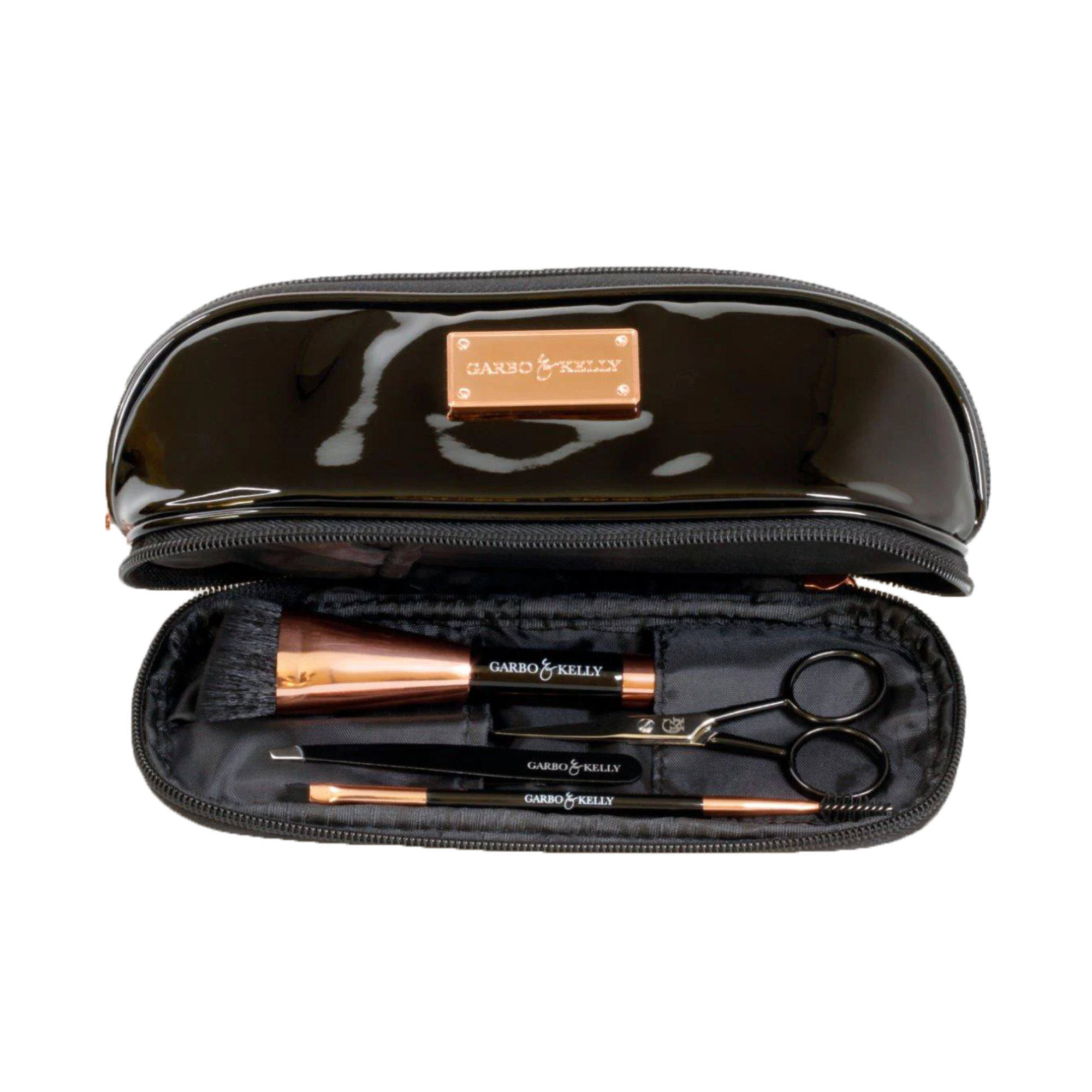 Garbo and Kelly G&K Essentials cosmetic bag with dual-ended contour brush, brow brush, tweezers, and scissors inside.