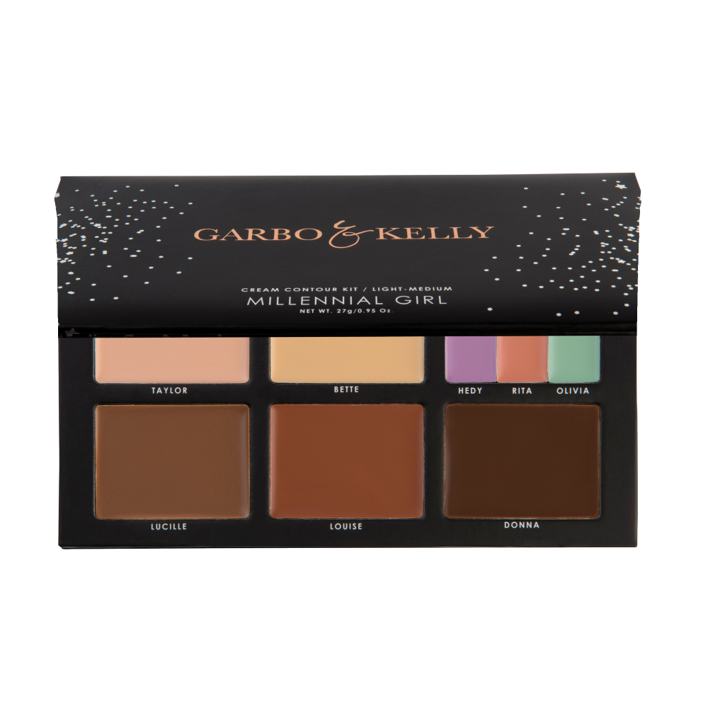 Garbo and Kelly Millennial Girl Contour Kit in Light-Medium palette with multiple shades for contouring and highlighting.