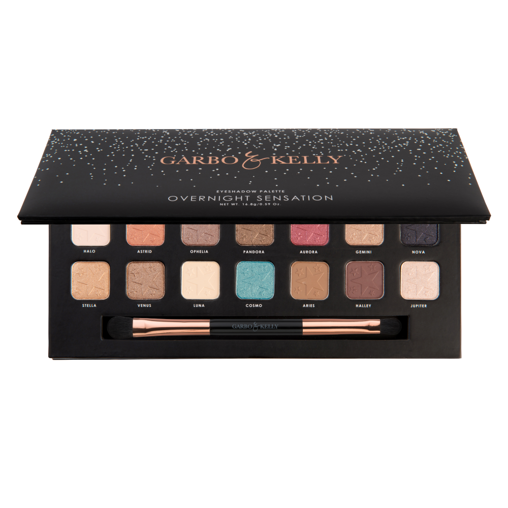 Garbo and Kelly Overnight Sensation Eyeshadow Palette with multiple shades in sleek compact for dramatic eye looks