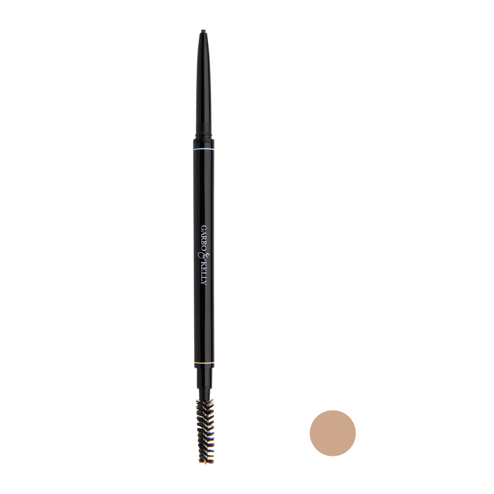 Garbo and Kelly Brow Perfection Pencil showing a close-up of the sleek brow pencil with a spoolie brush and neutral shade