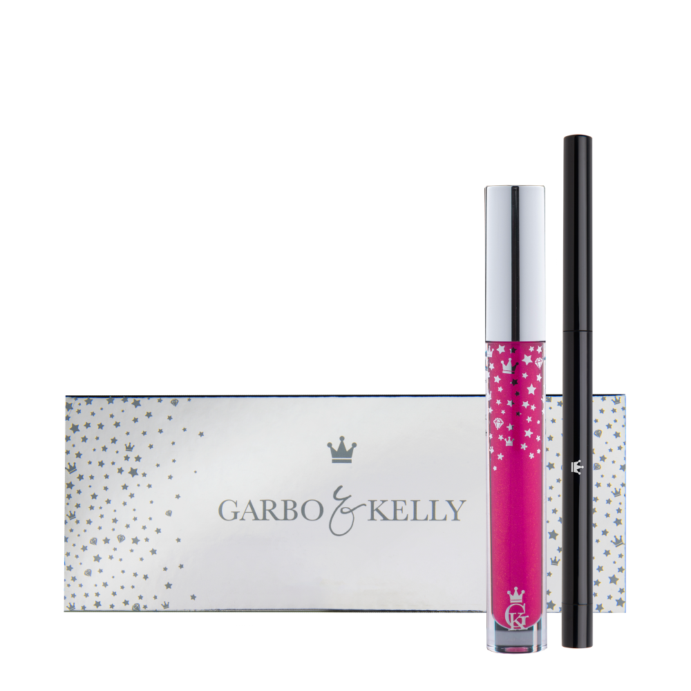 Garbo and Kelly Royalty Gloss Kit Inc Lip Definer set featuring glossy lip products and matching lip liner in elegant packaging.
