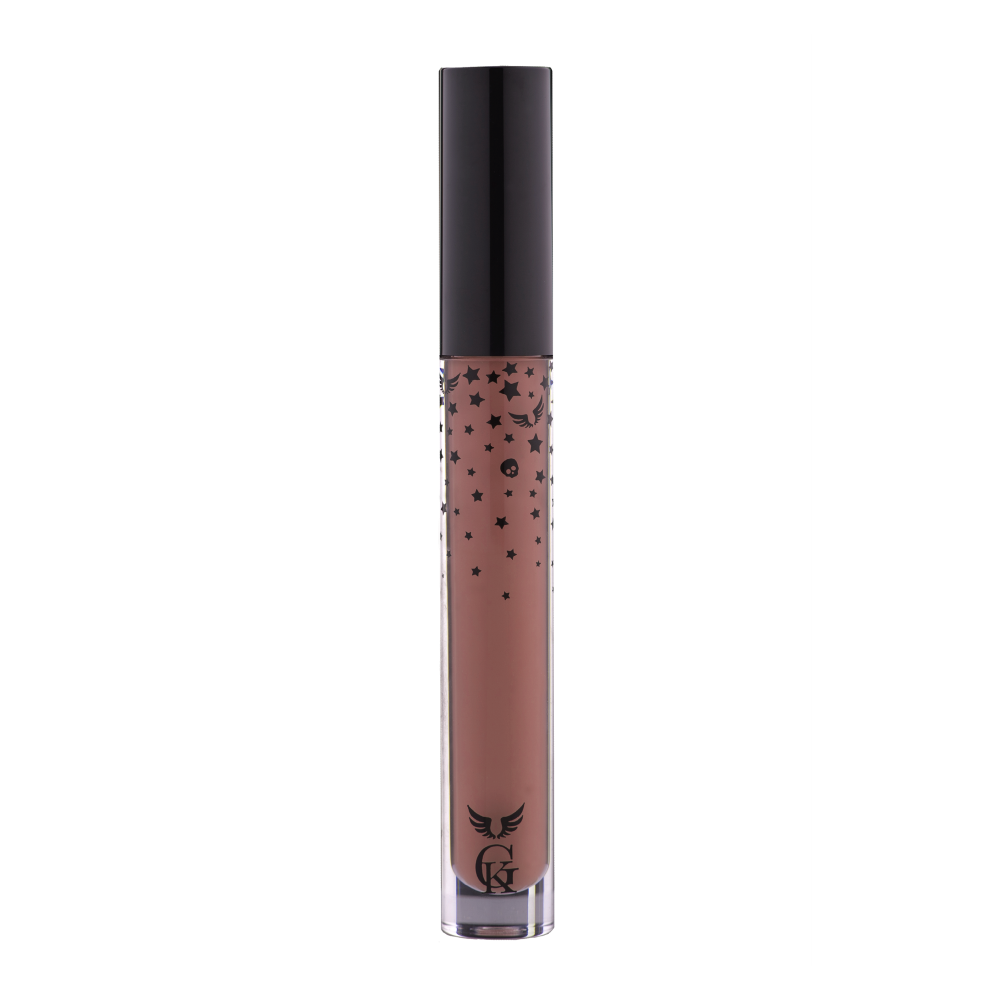 Garbo and Kelly Rock Liquid Matte Lipstick in bold, matte finish, showcasing a sleek tube and applicator with deep color.