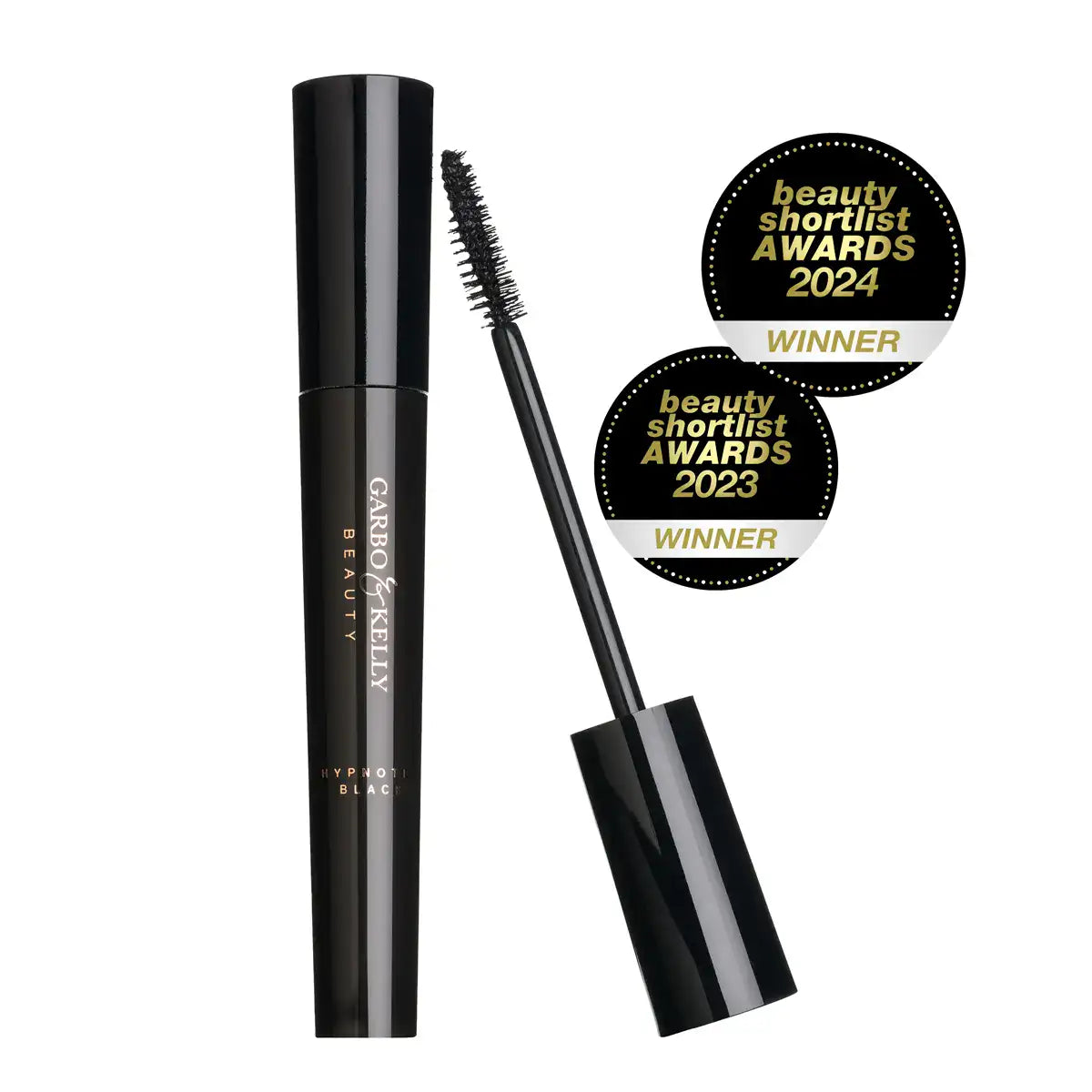 Garbo and Kelly Bombshell Lust Power Vegan Water-Resistant Mascara with volumizing brush on a white background