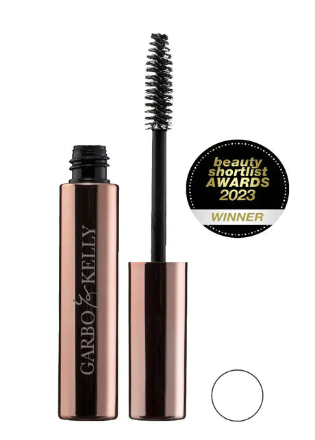 Garbo and Kelly brow gel in a sleek container, showcasing its award-winning formula for shaping and defining eyebrows.