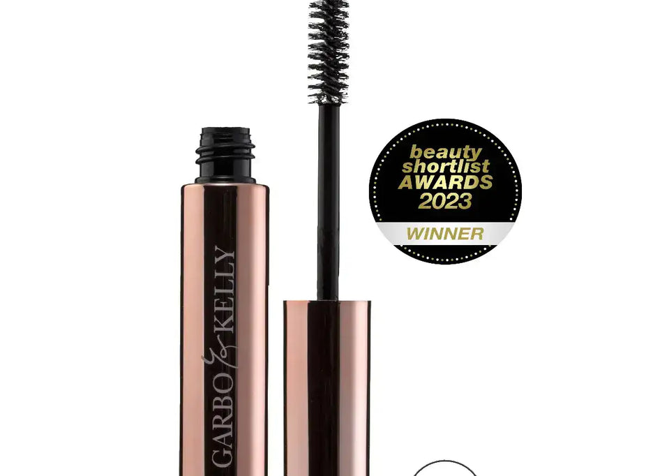 Garbo and Kelly brow gel in a sleek container, showcasing its award-winning formula for shaping and defining eyebrows.