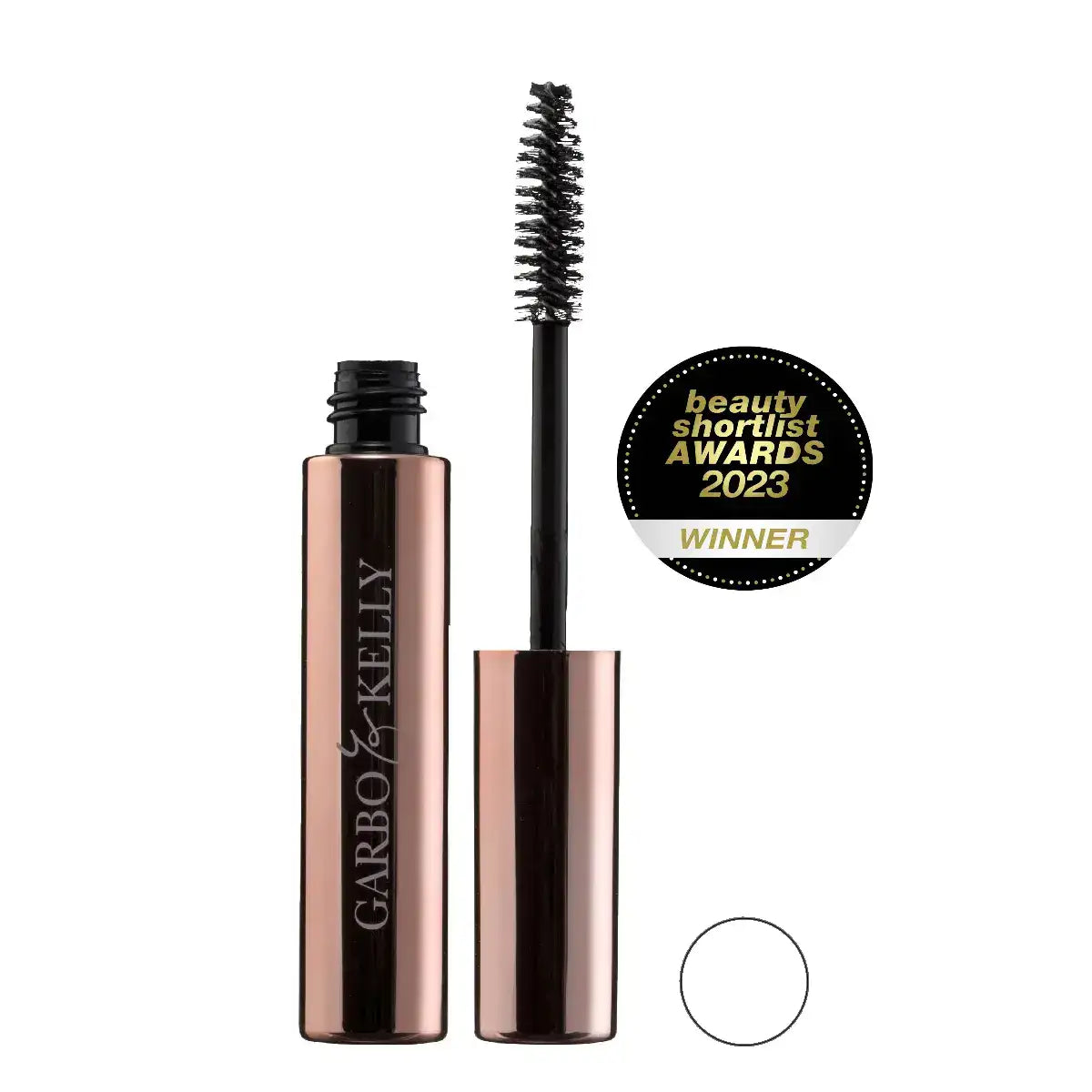 Garbo and Kelly brow gel in a sleek container, showcasing its award-winning formula for shaping and defining eyebrows.