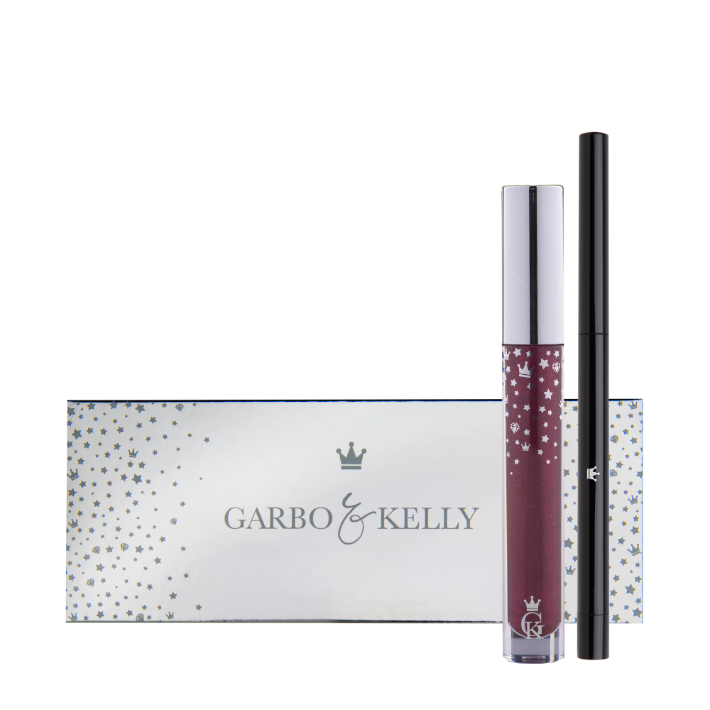 Garbo and Kelly Royalty Gloss Kit Inc lip definer and gloss set, featuring a sleek lip kit with glossy finish and matching lip liner.