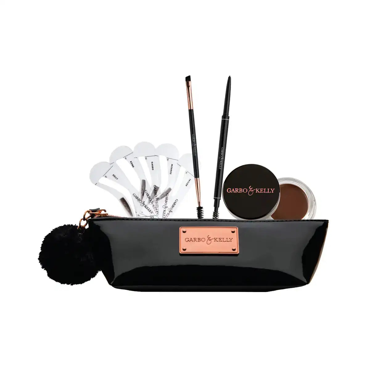 Garbo and Kelly Complete Brow Kit with various brow powders and tools in a cocoa-themed set for perfect, natural-looking brows.