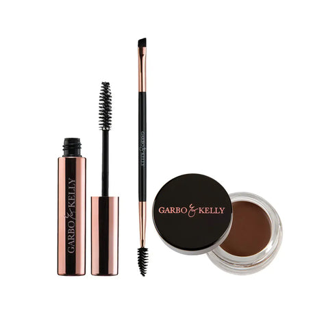 Garbo and Kelly Cocoa Brow Lover Set with eyebrow pencils, gels, and tools for shaping and styling brows.