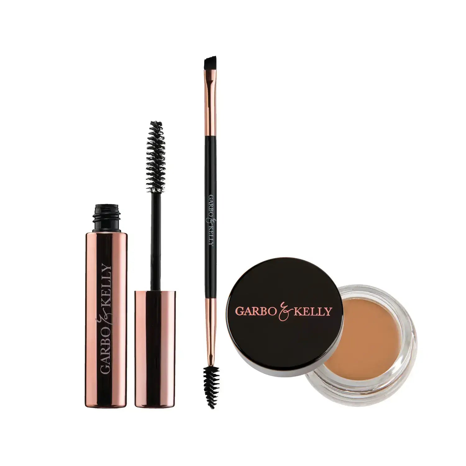 Cool blonde Eyebrow Styling Kit by Garbo and Kelly featuring brow gel, brush, and pomade for perfect brows.