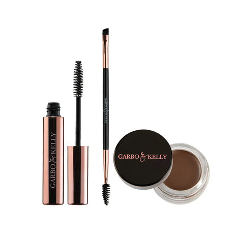 Garbo and Kelly Brow Lover Set with cool brown shades, including brow powders, gels, and tools for perfect brow styling.