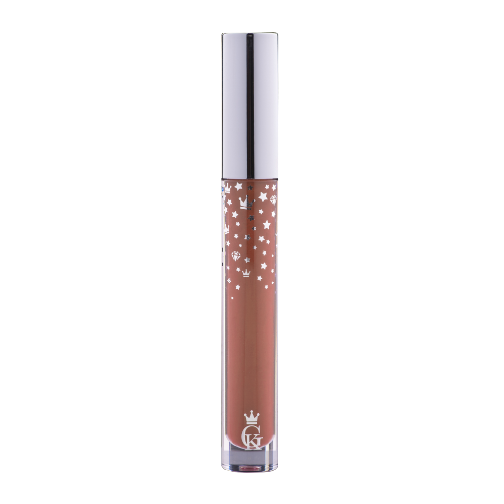 Garbo and Kelly Royalty Gloss liquid lipstick in a shiny, peachy nude shade with a smooth, glossy finish.