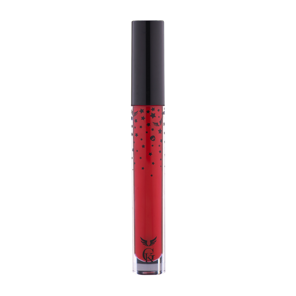 Garbo and Kelly Rock Liquid Matte Lipstick in sleek tube, showing deep matte finish and vibrant color on a neutral background.