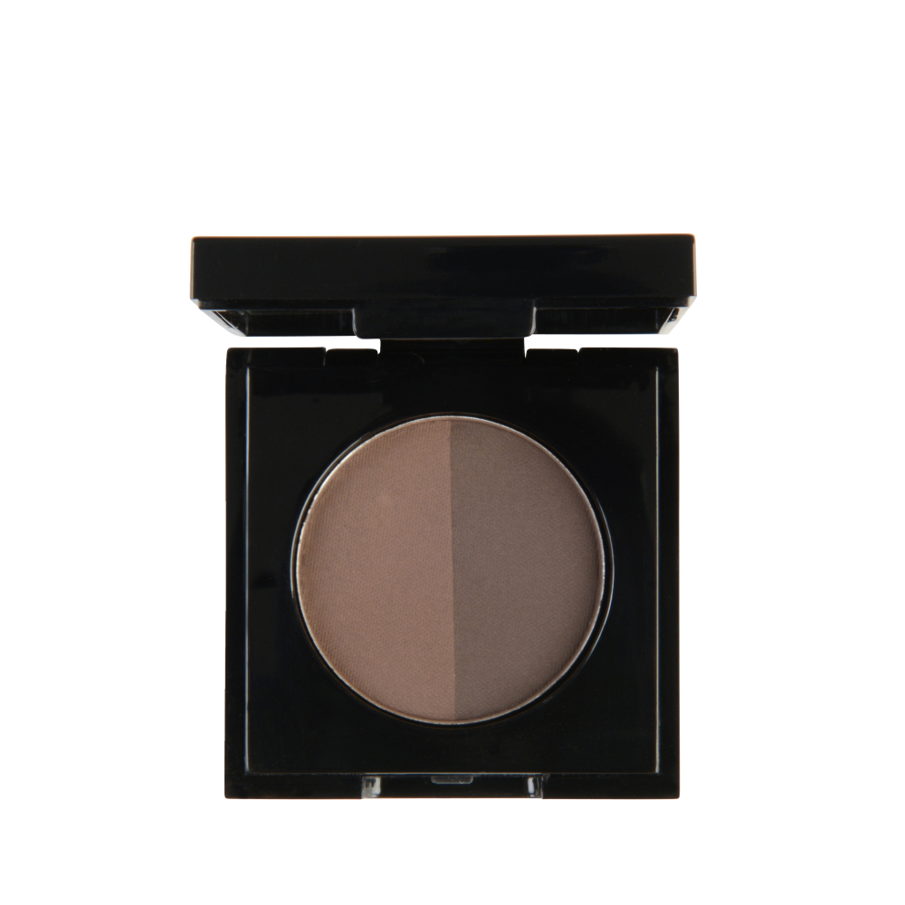 Garbo and Kelly brow powder in a compact, natural shade, showing the finely milled powder and applicator brush.