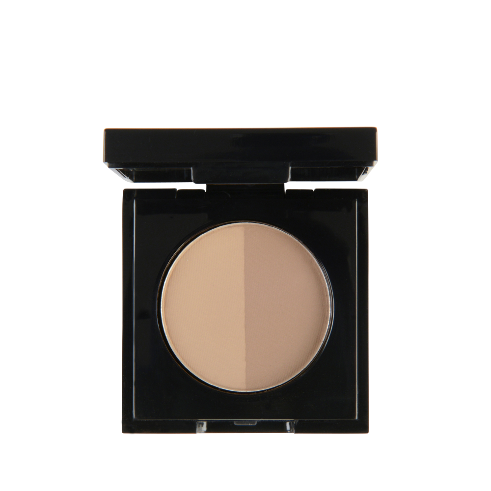 Garbo and Kelly brow powder in a compact with shades of brow color and a small applicator brush.