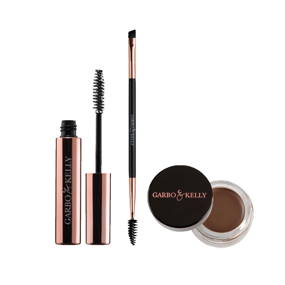 Garbo and Kelly Brow Lover Set with eyebrow gel, brush, and pomade for shaping and defining eyebrows.