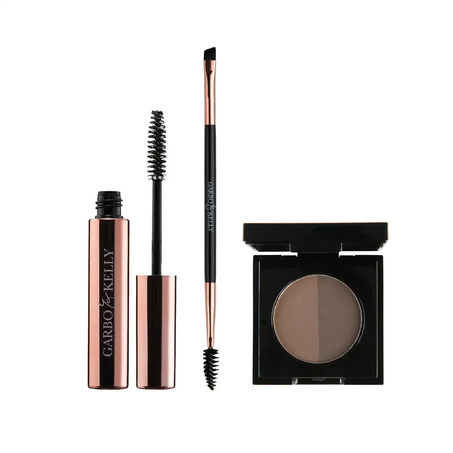 Garbo and Kelly Brow Magic Set featuring brow powders, brushes, and tools in a sleek compact for perfect brow shaping.