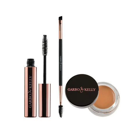 Warm blonde brow styling kit from Garbo and Kelly featuring brow powders, brushes, and tools for perfect brow grooming.