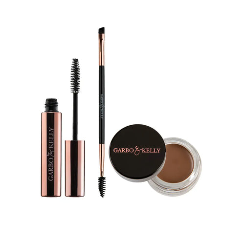 Warm brown Garbo and Kelly Brow Lover Set with eyebrow pencils, gels, and tools for professional brow styling.