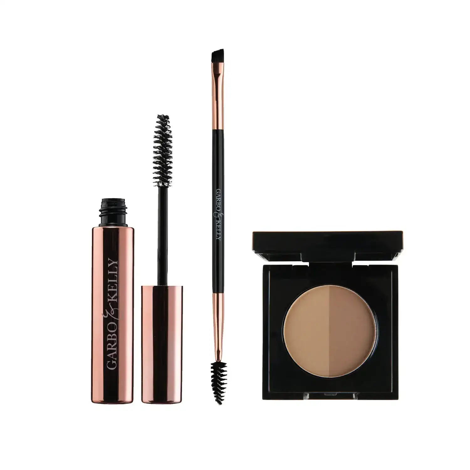 Warm brown Garbo and Kelly Brow Magic Set with eyebrow powders and brushes for natural, defined brows.