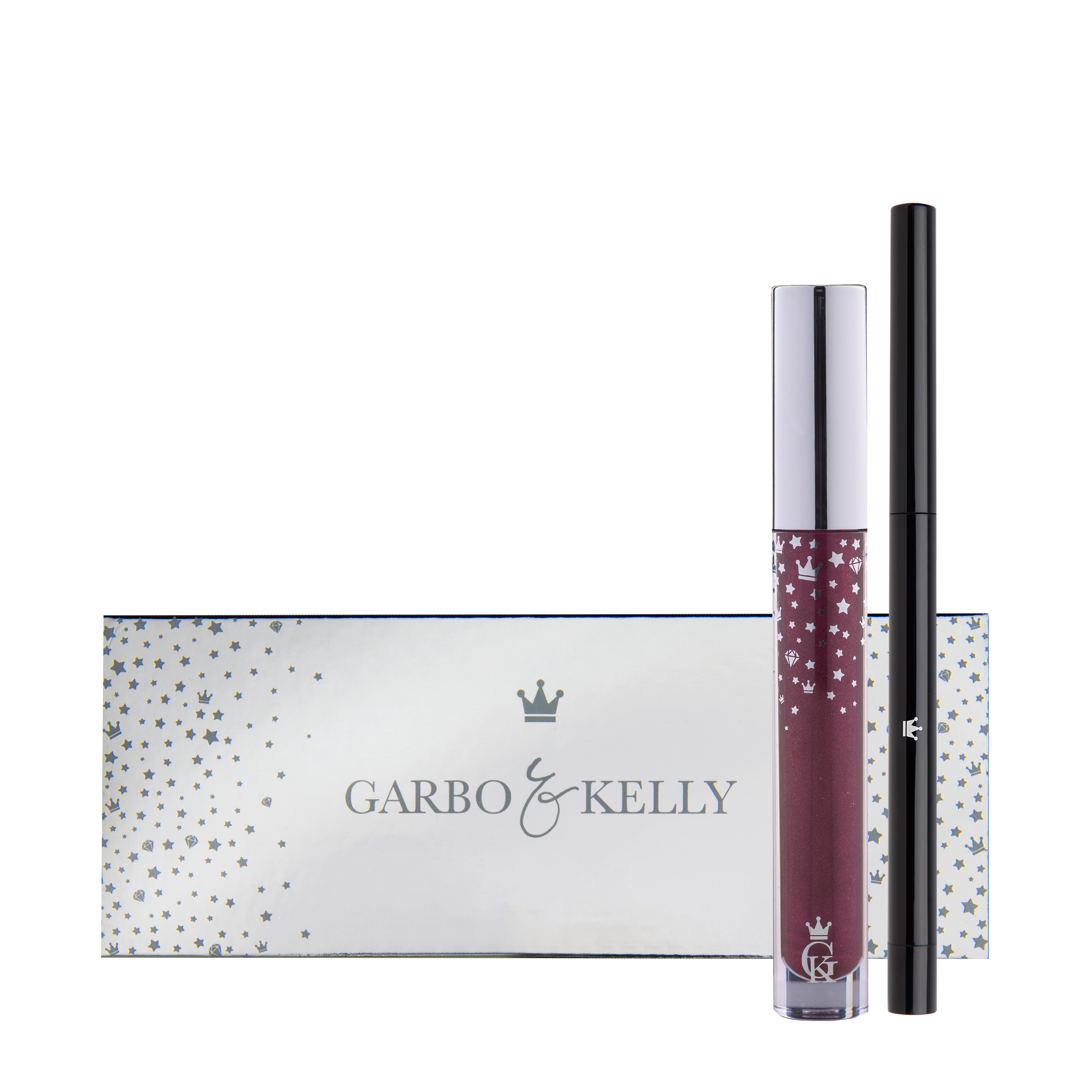 Garbo and Kelly Royalty Gloss Kit Inc Lip Definer lip gloss kit with matching lip liner, featuring shiny, smooth lip gloss in elegant packaging.
