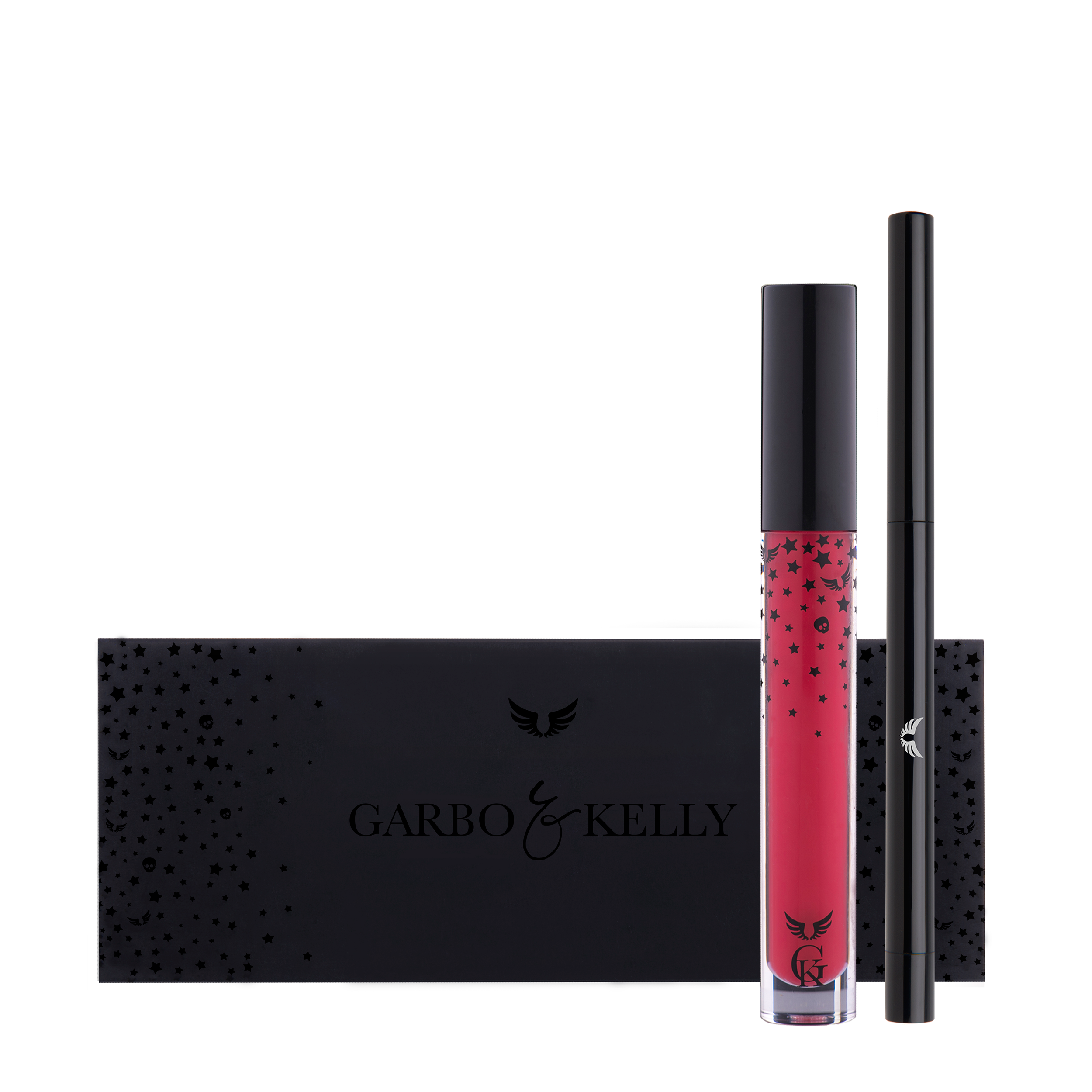 Garbo and Kelly Rock Matte Lip Kit with lip definer and matching matte lipstick, featuring sleek packaging and vibrant shades.