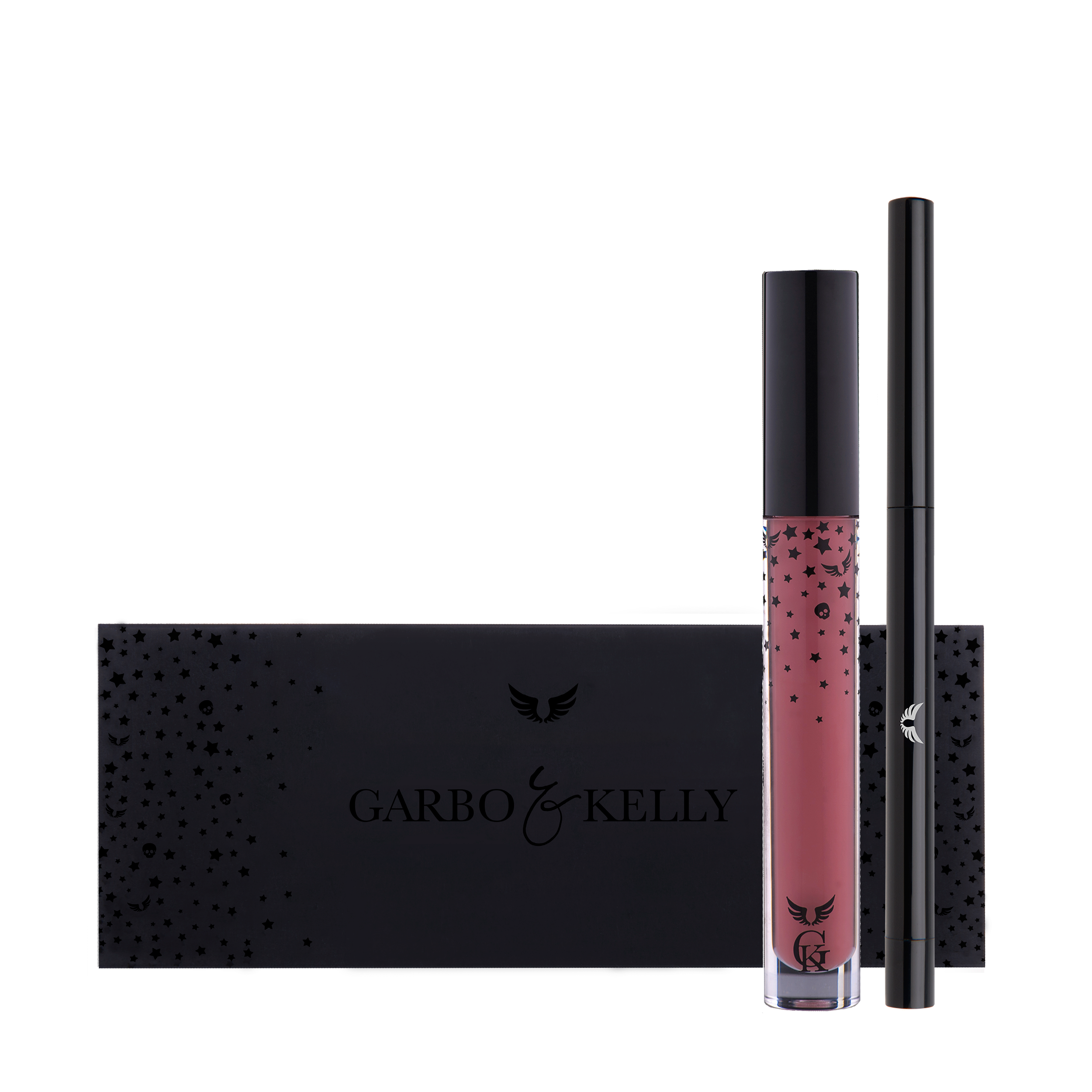 Garbo and Kelly Rock Matte Lip Kit with matching lip definer and matte lipstick in sleek packaging.